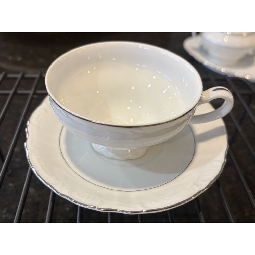 White Footed Cup & Saucer  w Platinum Trim  Japan #3857 Harmony House NORA